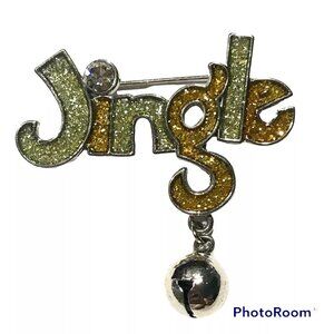 Vintage Christmas JINGLE BELLS Pin Brooch Silver Gold Tone Glitter Enamel 1-3/4"